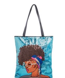 Glasses Girl Sequins Large Tote Bag 136-A039GT-L TURQUIOSE